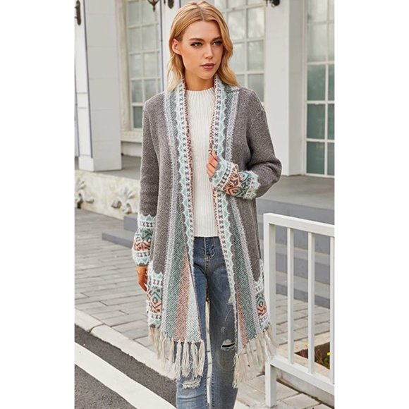 Sweaters - Gray Multicolor Aztec Tribal Print Knit Long Cardigan Duster Kimono Sweater